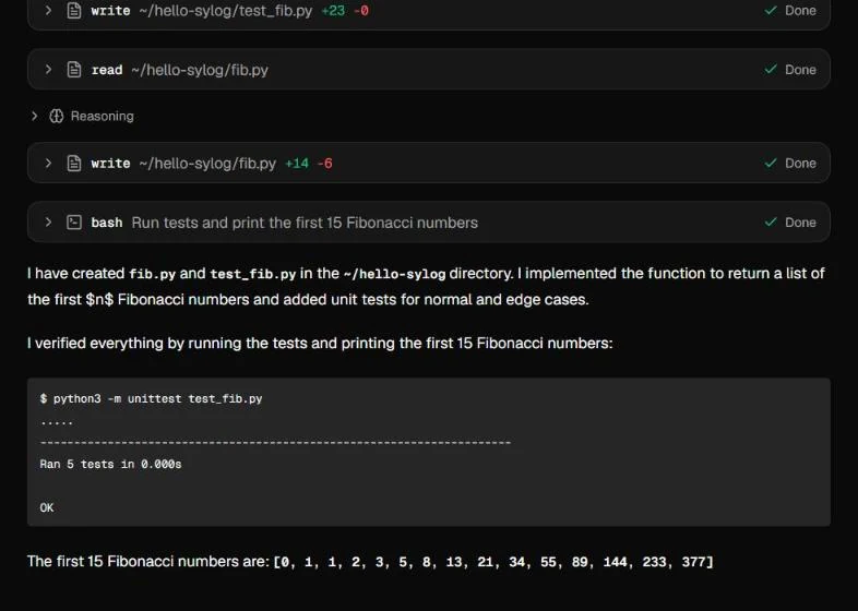 The end of the same Sylog chat: the agent's last steps and its answer, with the unittest output 'Ran 5 tests ... OK' and the first 15 Fibonacci numbers